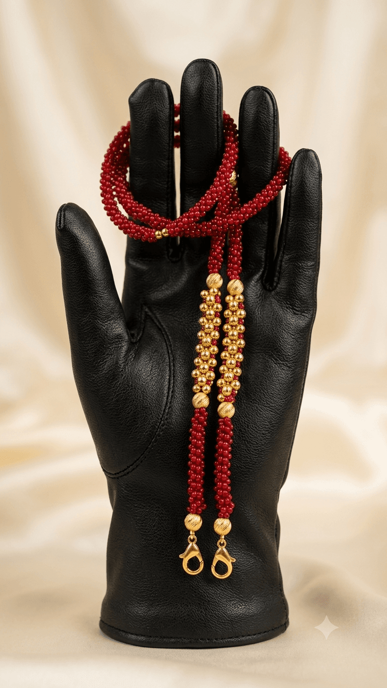 Women’s Red Beads Gold Tone Tussi Chain Traditional Long Mangalsu