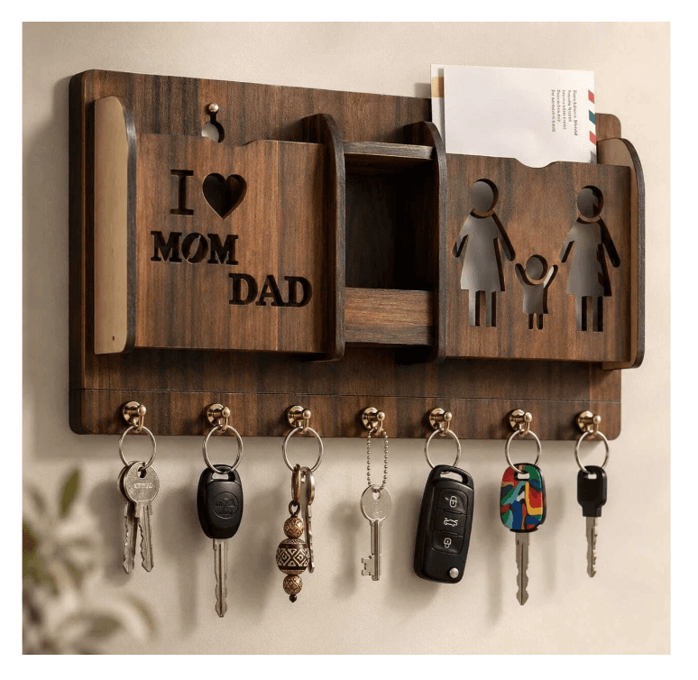 Wooden Wall Mount Key Holder with Letter Organizer & 7 Hooks | Mu