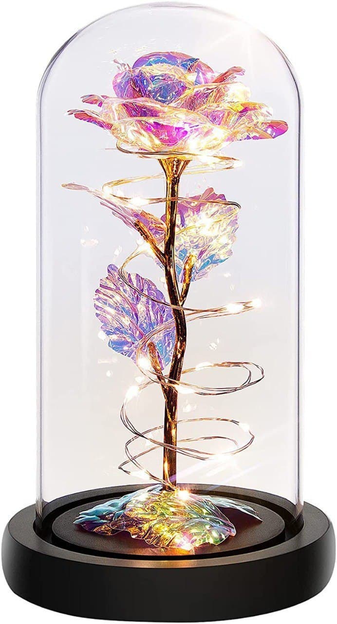 LED Galaxy Rose in Glass Dome with Gold Stem & Soft LED Lights