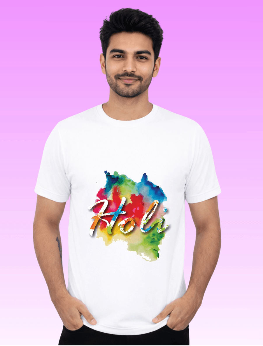 Color Splash Holi Polyester T-Shirt 140 GSM Round Neck White