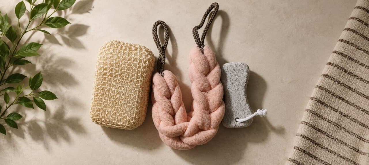 3-in-1 Bath Scrubber Set with Sisal Soap Pouch, Exfoliating Back Scrubber & Pumice Stone