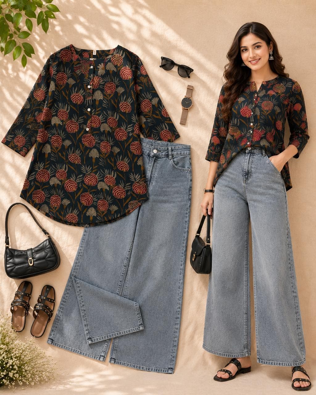 Women's Printed Rayon Western Top | Casual Floral Print 3/4 Sleeve Round Neck Stylish Top for Women