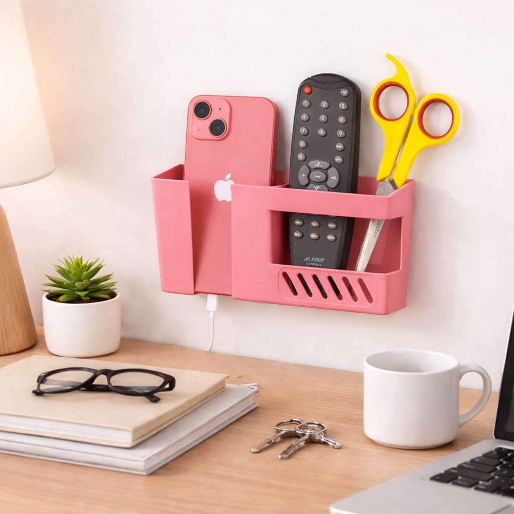 Wall Mounted Mobile Charging Holder with Remote Organizer | Multipurpose Self-Adhesive Storage Rack for Phone, TV Remote, Keys & Office Accessories | Plastic Wall Storage Basket