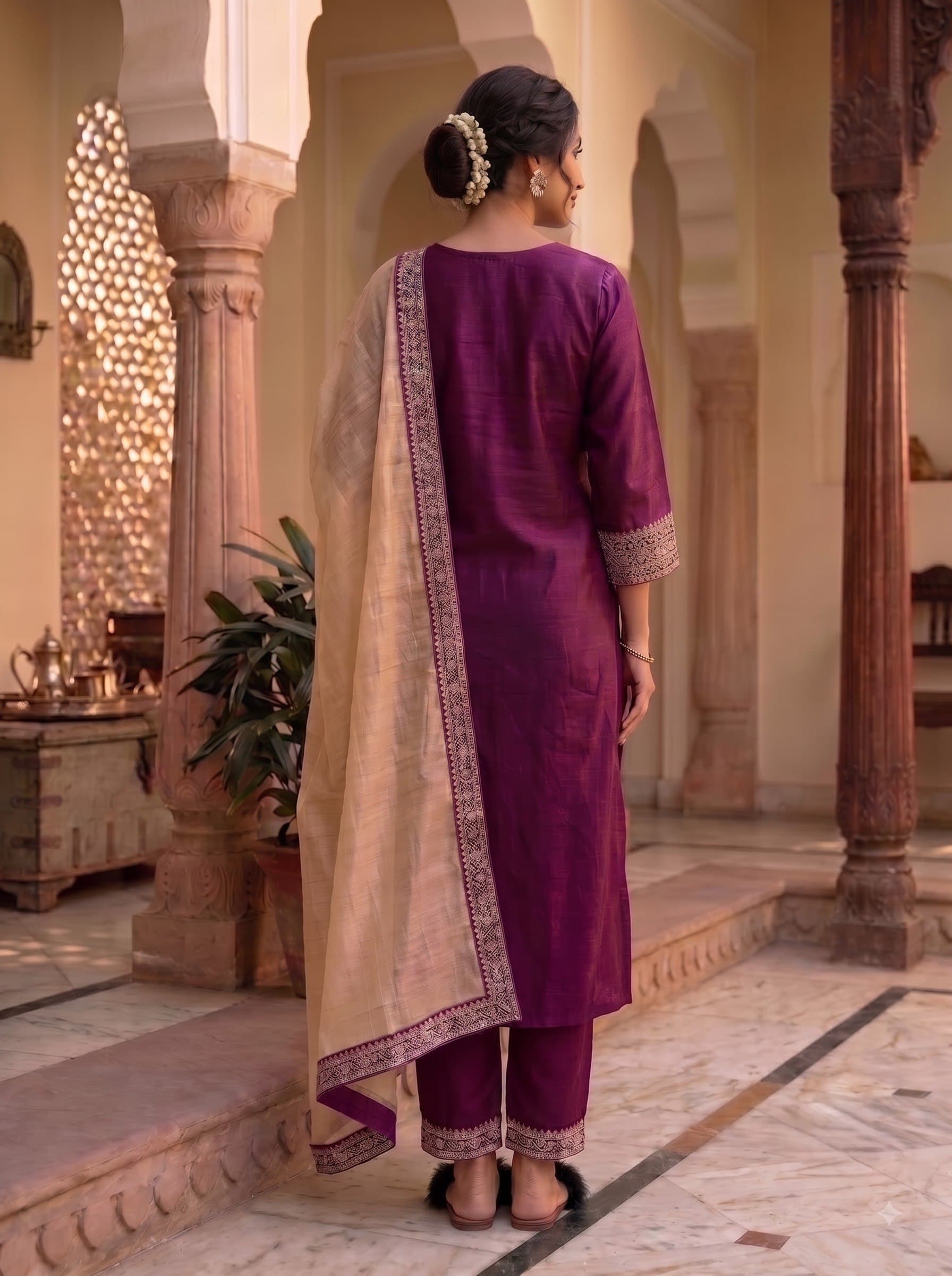 Embroidered Silk Blend Kurti Palazzo Dupatta Set for Women | Purp