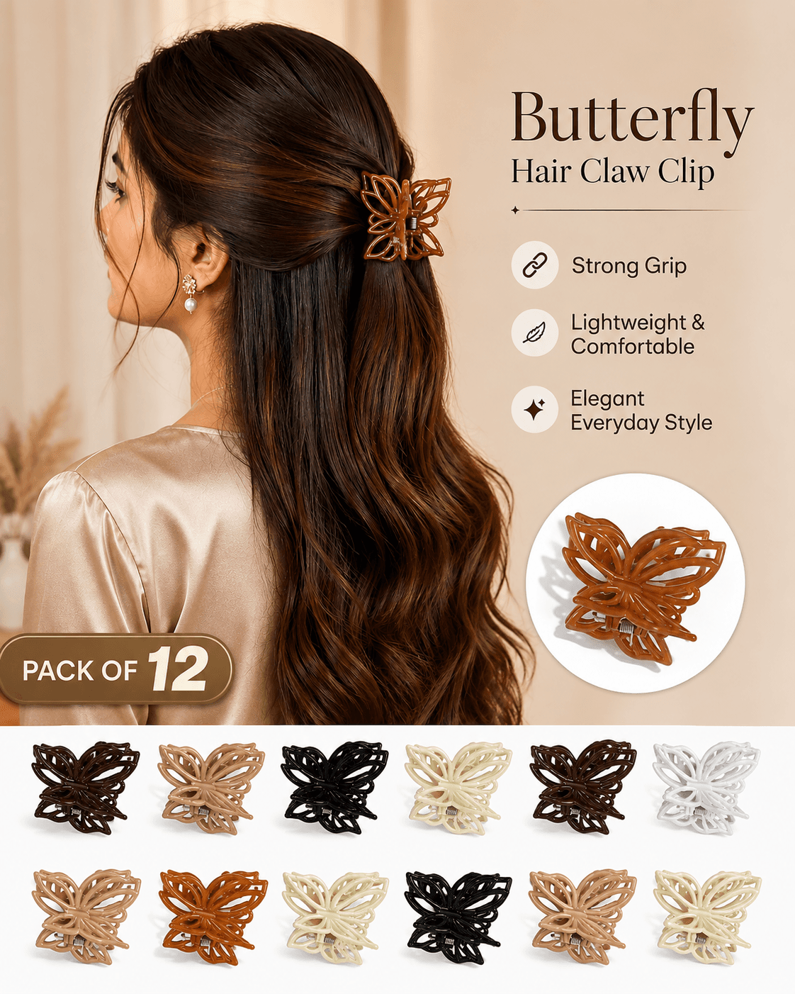 Butterfly Hair Claw Clips for Women – Pack of 12 | Strong Grip &