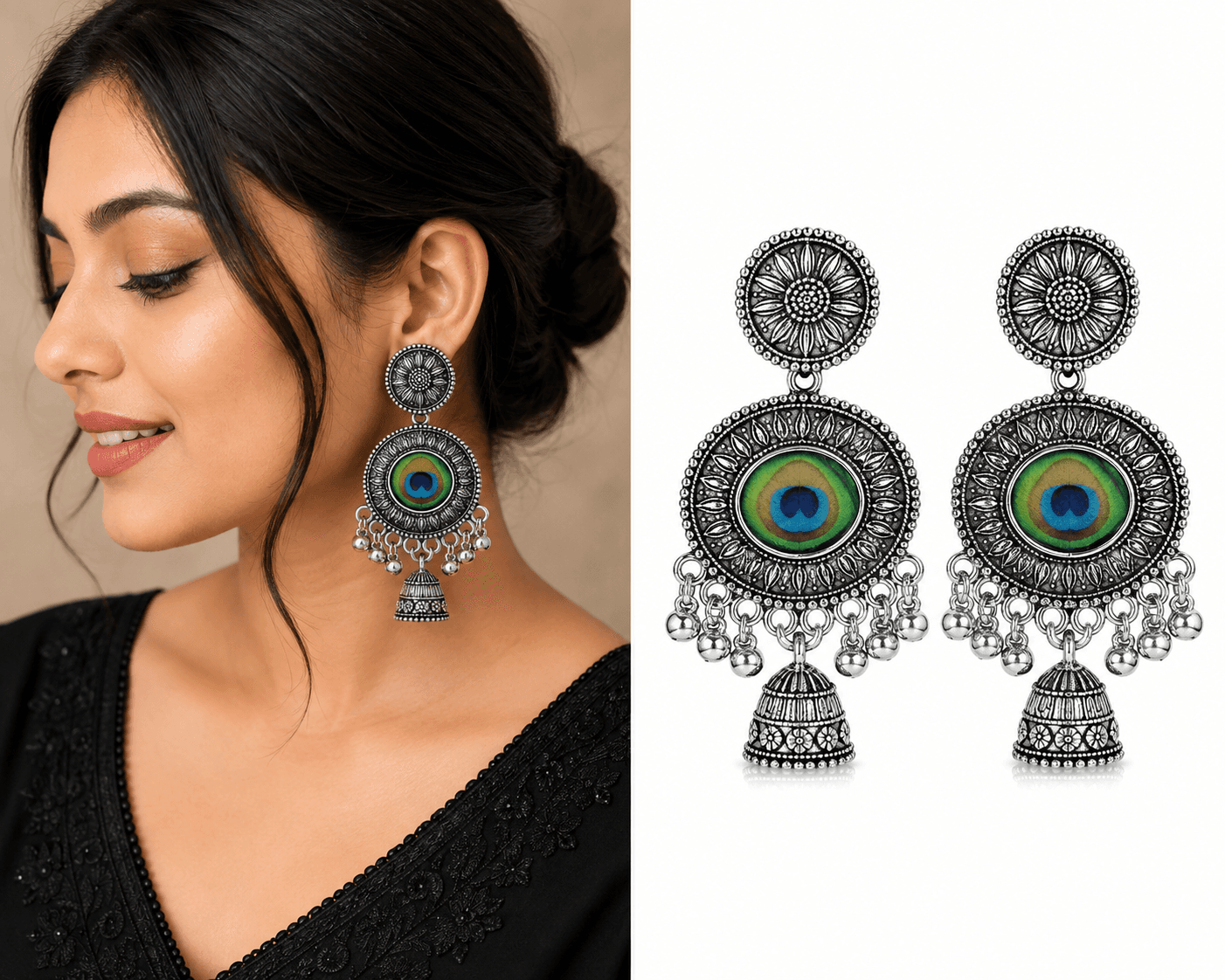 Oxidized Silver Peacock Feather Design Ethnic Statement Jhumka Ea