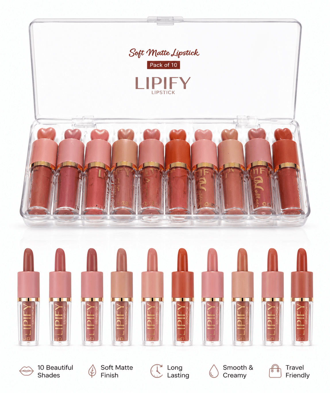 LIPIFY Soft Matte Lipstick – Pack of 10 Beautiful Shades | Long-L