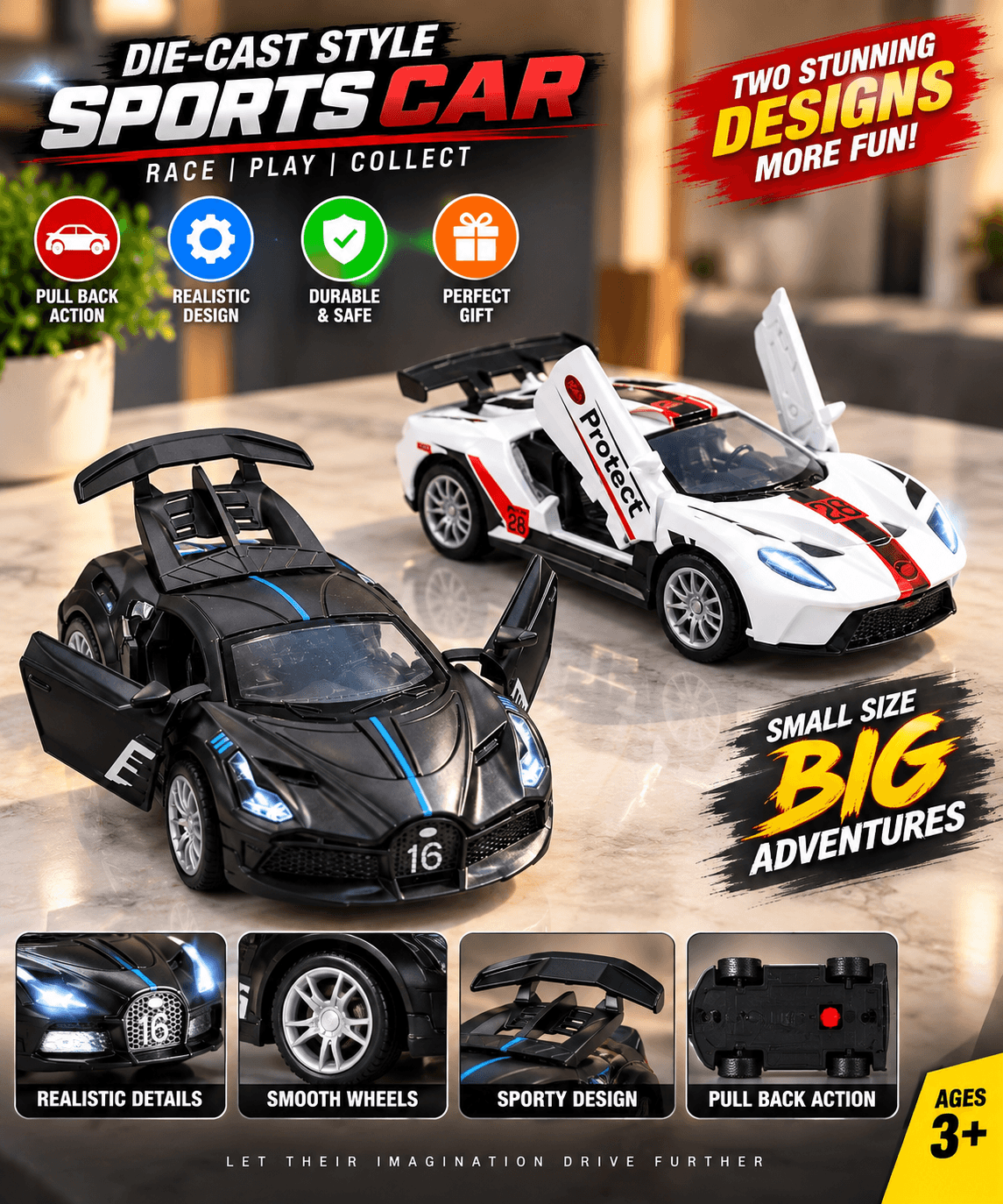 Die-Cast Sports Car Toy with Pull-Back Action, Realistic Details