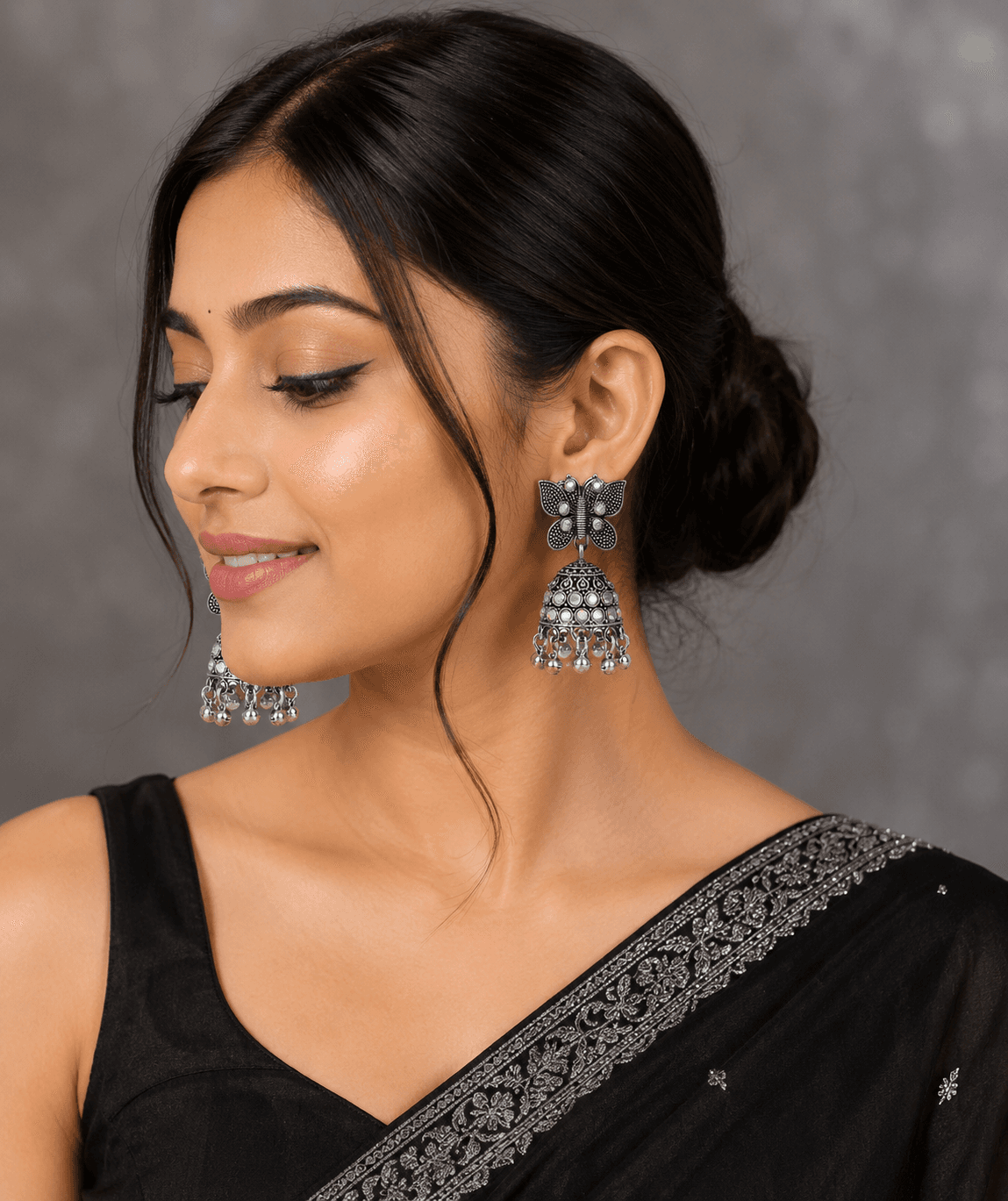 Oxidized Silver Butterfly & Crystal Studded Ethnic Jhumka Earring