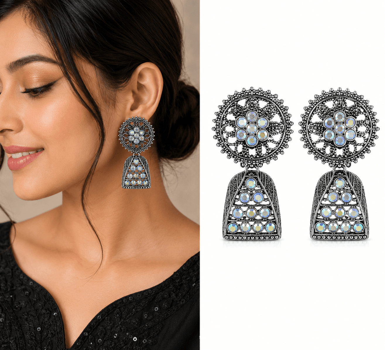 Oxidized Silver Geometric Crystal-Studded Designer Jhumka Earring