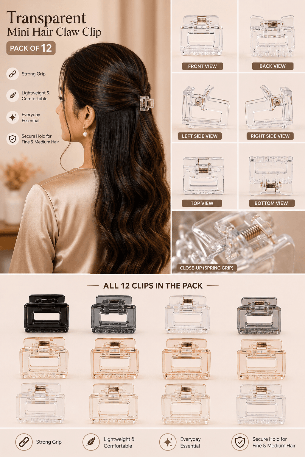 Transparent Mini Hair Claw Clips for Women – Pack of 12 | Strong